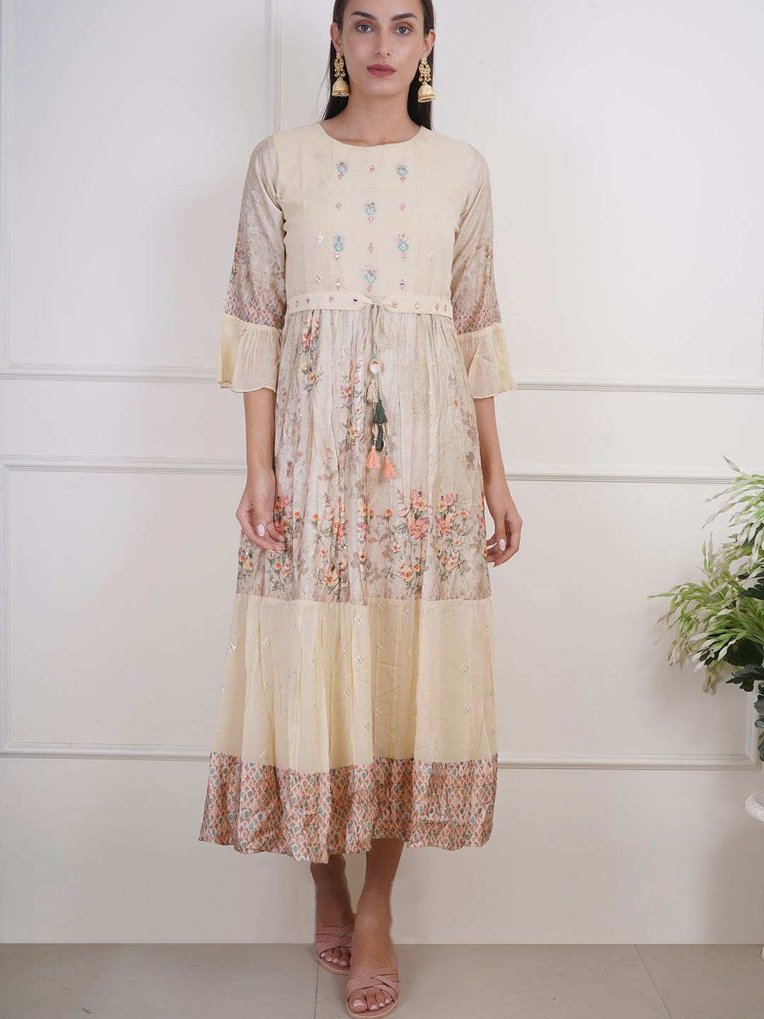 

Adwitiya Floral Printed Embroidered A-Line Ethnic Dresses, Cream