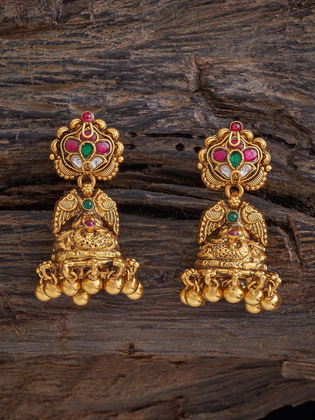 

Kushal's Fashion Jewellery 92.5 Pure Silver Gold-Plated Temple Dome Shaped Jhumkas, Red