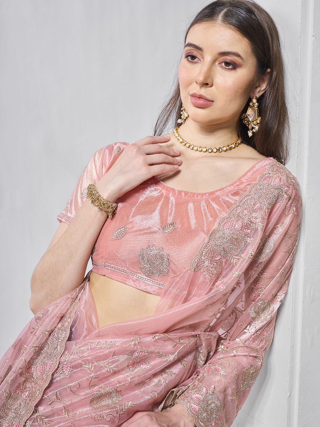 

Kalista Floral Embroidered Organza Saree, Pink