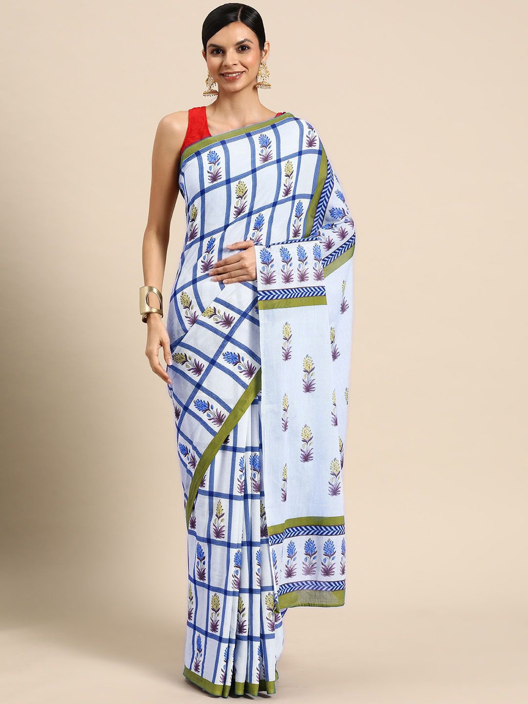 

BUTA BUTI Floral Pure Cotton Saree, Blue