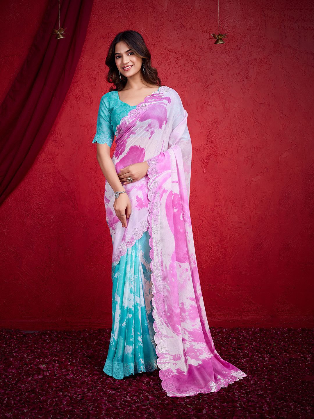 

Ishin Beads and Stones Poly Chiffon Saree, Turquoise blue