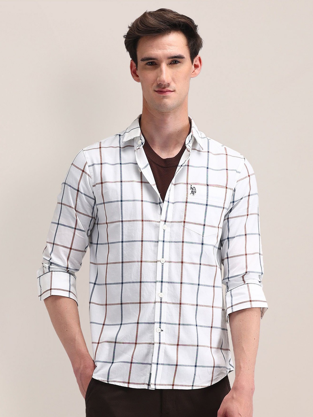 

U.S. Polo Assn. Men Classic Cutaway Collar Windowpane Checked Cotton Formal Shirt, White