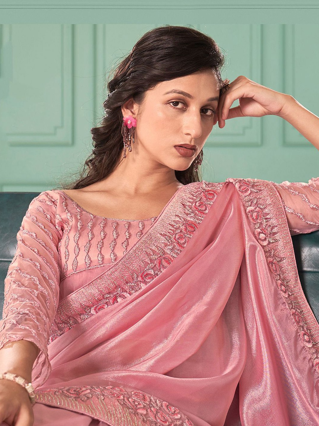 

Satrani Floral Beads and Stones Tissue Saree, Pink