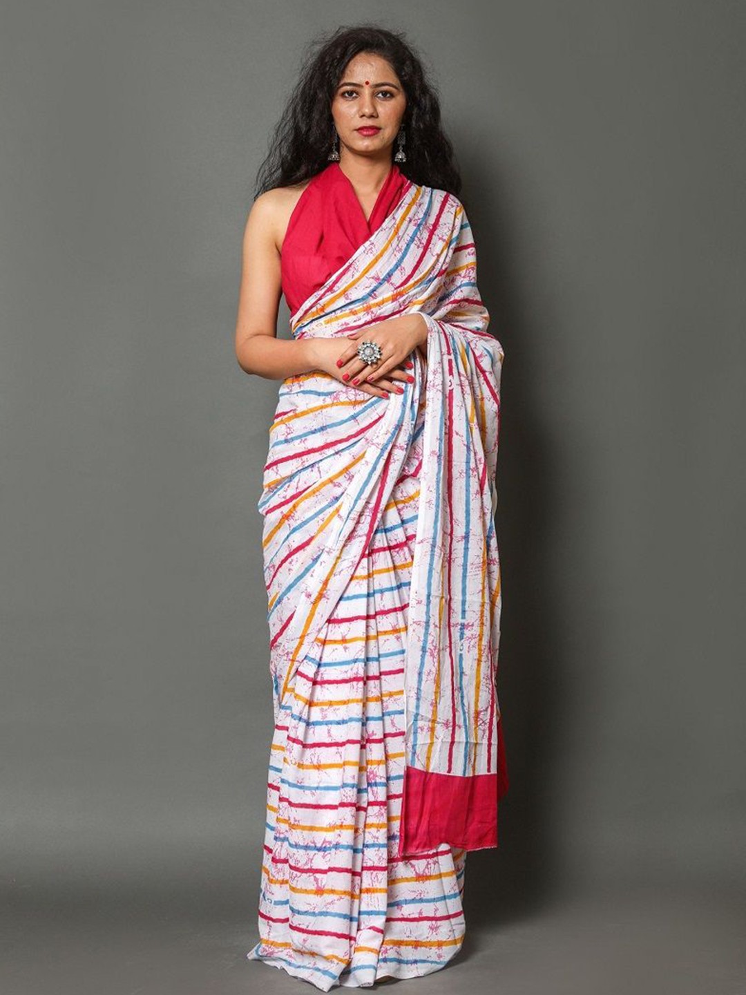 

Pinkcity Trade World Striped Pure Cotton Block Print Saree, White