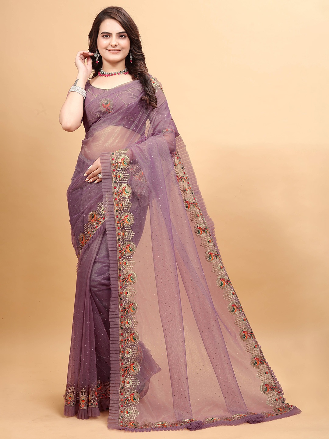 

Zeekha Embellished Embroidered Net Heavy Work Kanjeevaram Saree, Peach