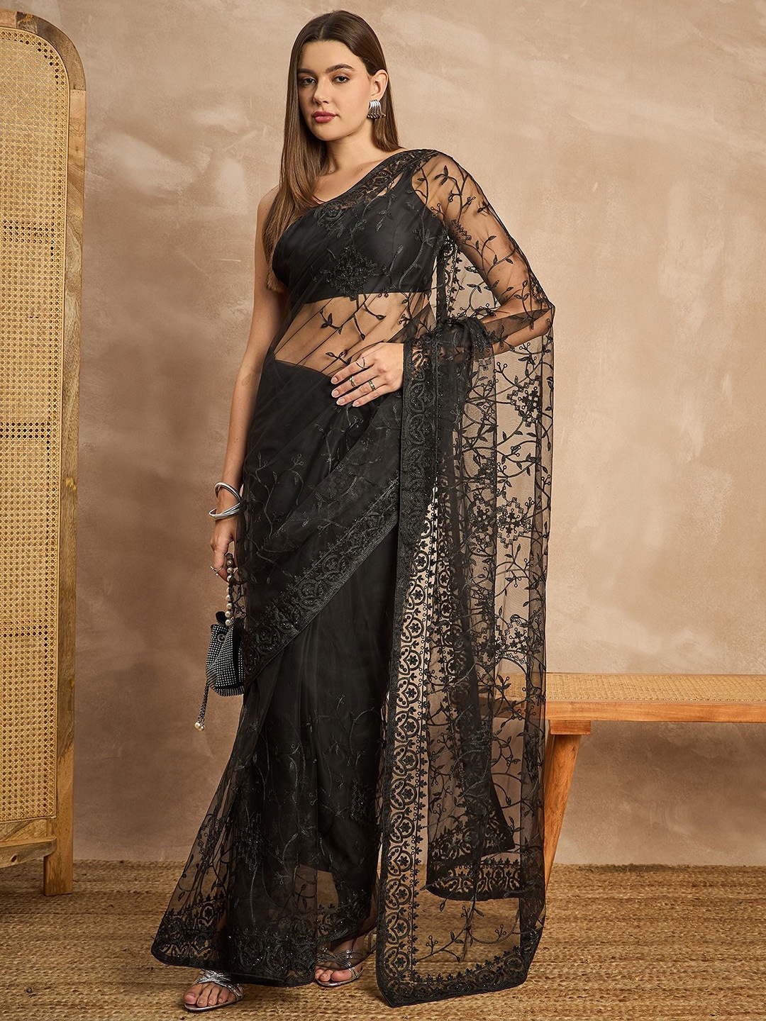 

all about you Floral Sequinned Net Heavy Work Saree, Black