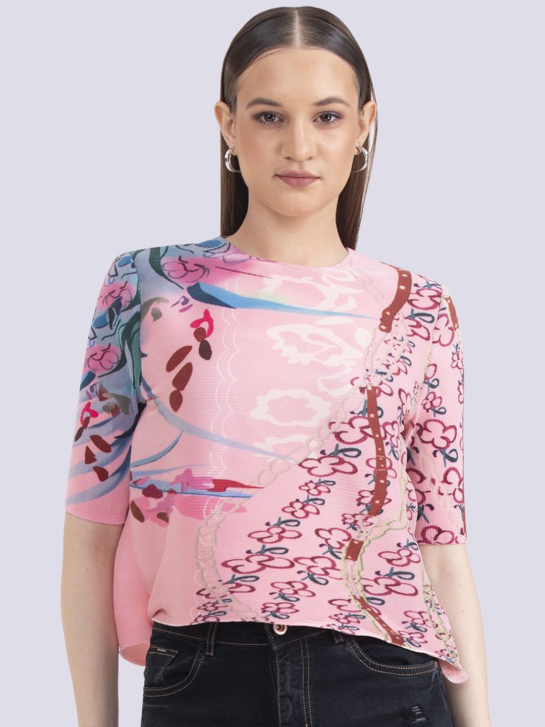 

Albion By CnM Women Floral Printed Round Neck Top, Pink