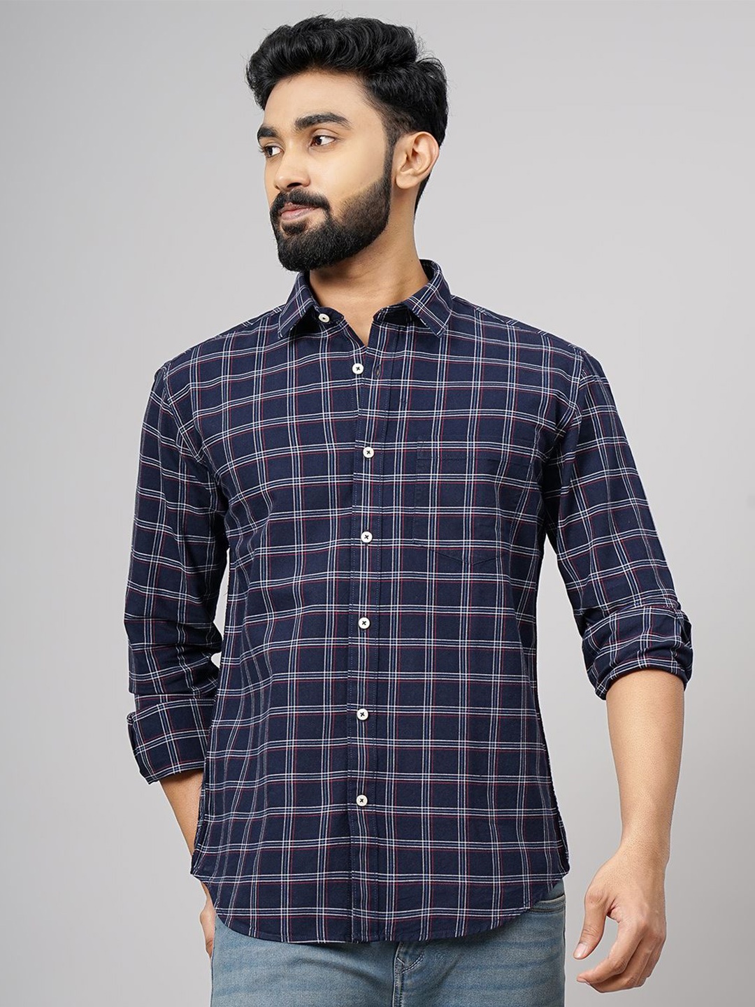 

Greenfibre Men Cutaway Collar Tartan Checked Cotton Casual Shirt, Navy blue