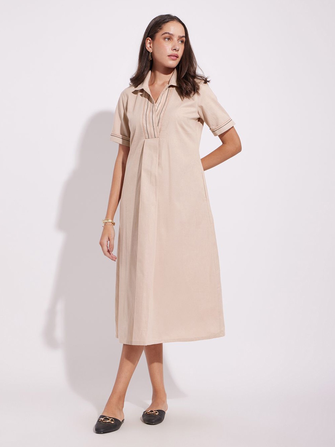 

Pink Fort Women Solid Shirt Collar A-Line Dress, Beige