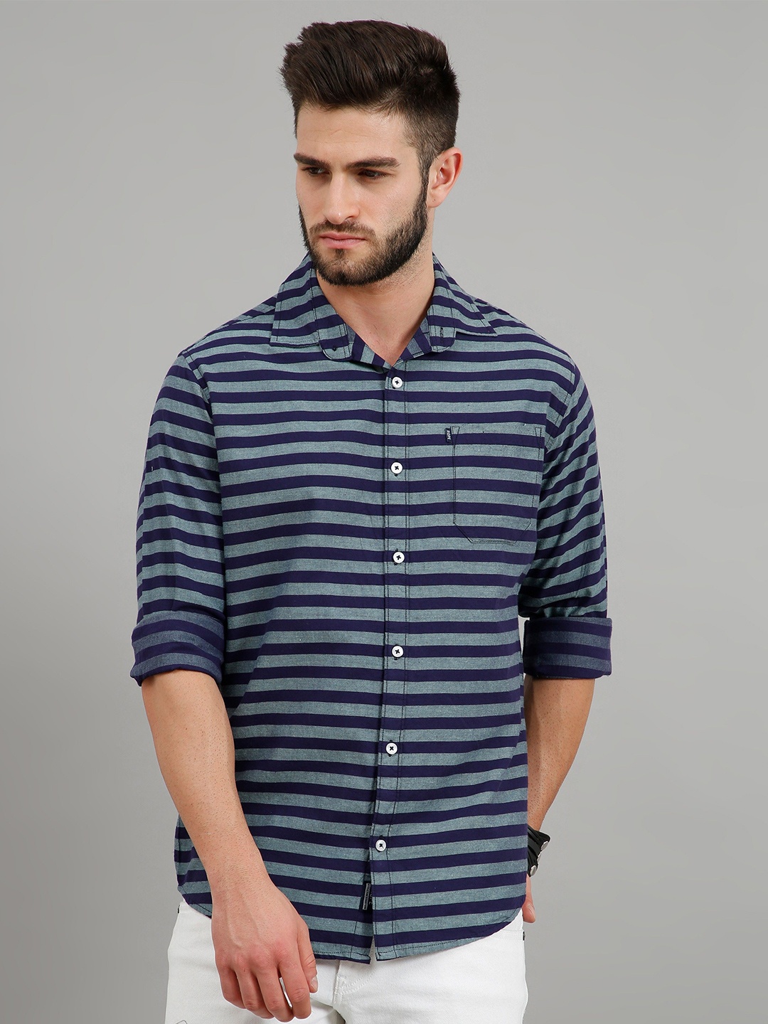 

Rope Men Classic Spread Collar Vertical Striped Cotton Slim Fit Casual Shirt, Grey