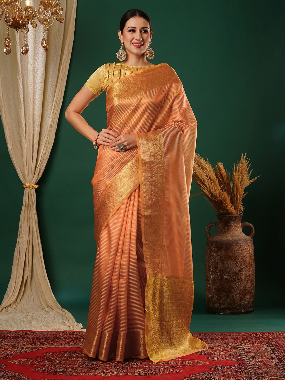 

PAROKSH Striped Zari Tissue Banarasi Saree, Peach