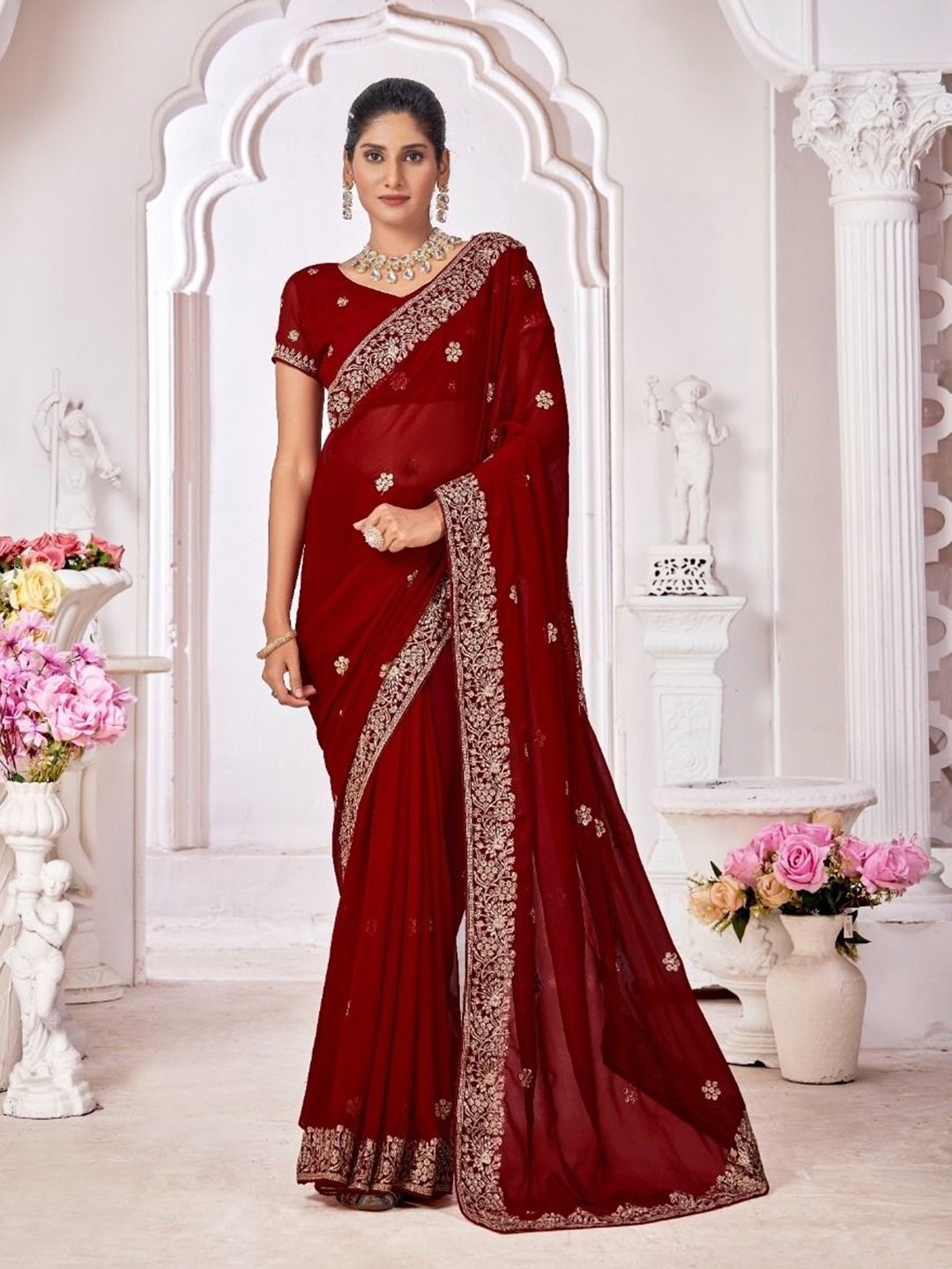 

Mitera Floral Embroidered Pure Georgette Saree, Maroon