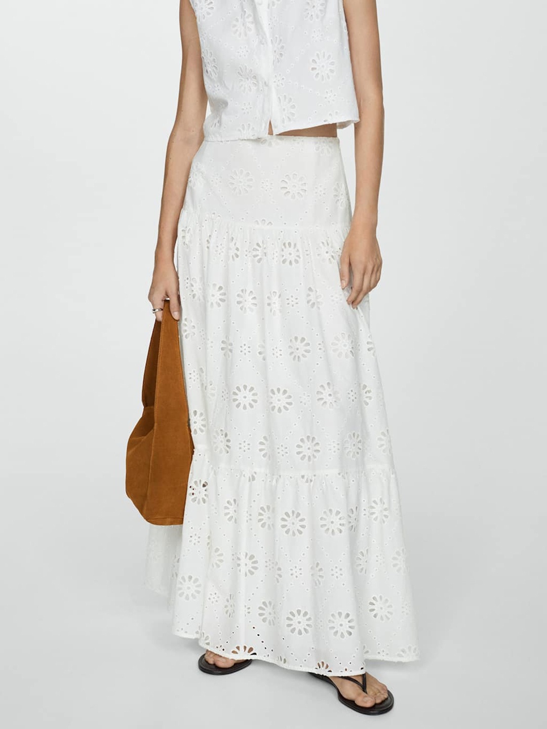 

MANGO Schiffli Pure Cotton Flared Maxi Dress, White