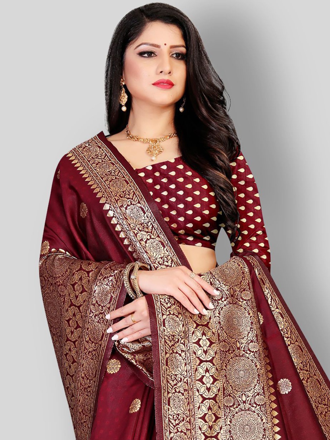 

Mitera Woven Design Zari Silk Blend Banarasi Saree, Maroon