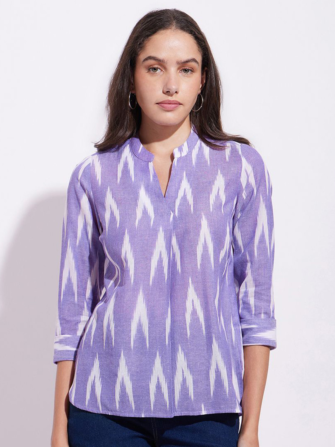 

Pink Fort Women Abstract Printed Mandarin Collar Cotton Top, Purple