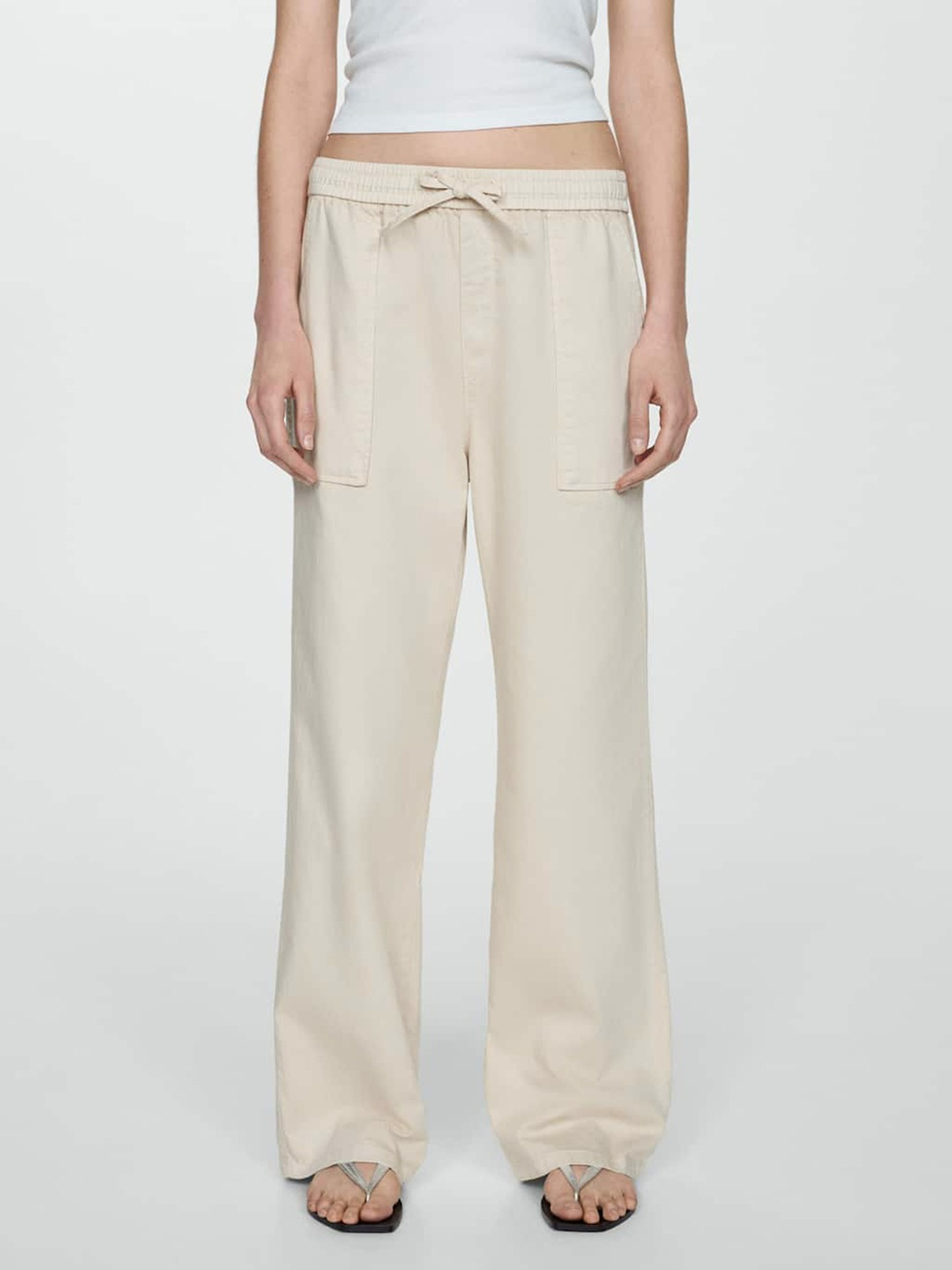 

MANGO Women Pure Cotton Trousers, Beige