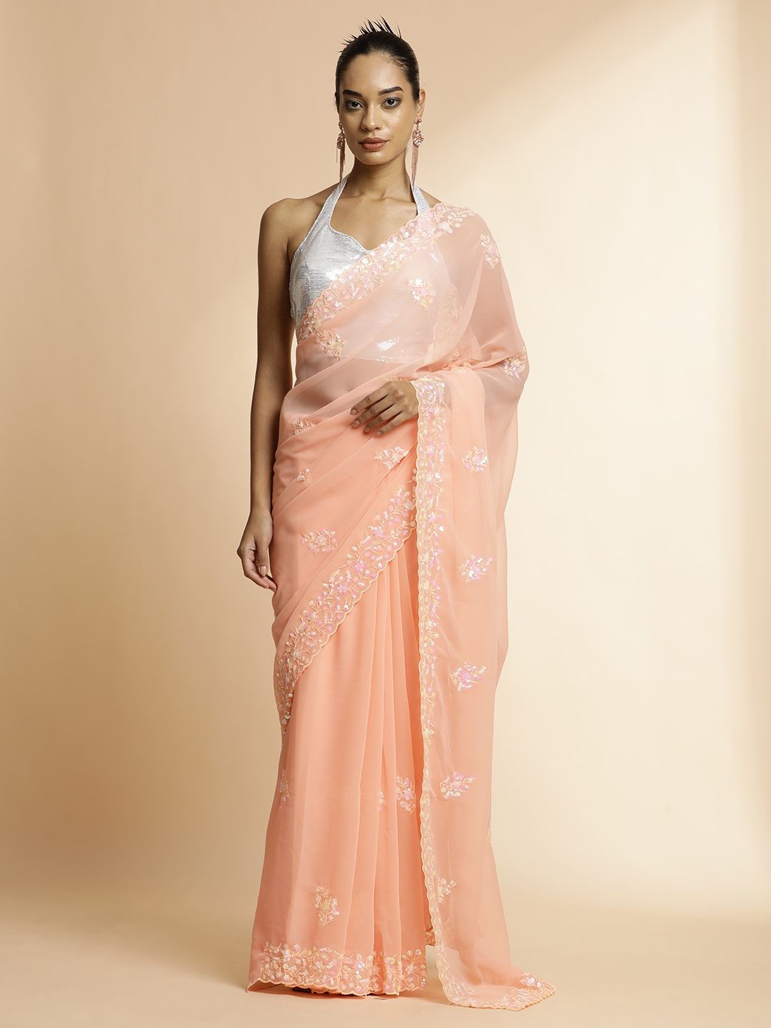 

Jaipur Kurti Floral Sequinned Pure Georgette Saree, Peach