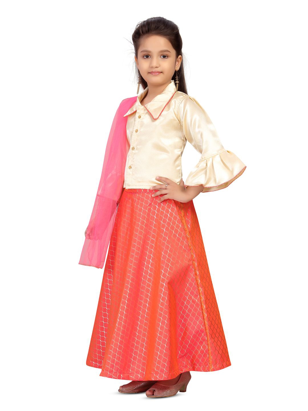 

BAESD Girls Foil Print Ready to Wear Silk Lehenga & Blouse With Dupatta, Beige
