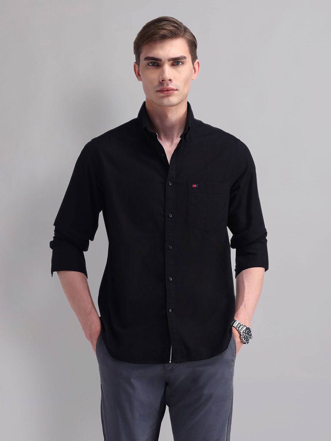 

AD By Arvind Men Button-Down Collar Solid Cotton Slim Fit Casual Shirt, Black