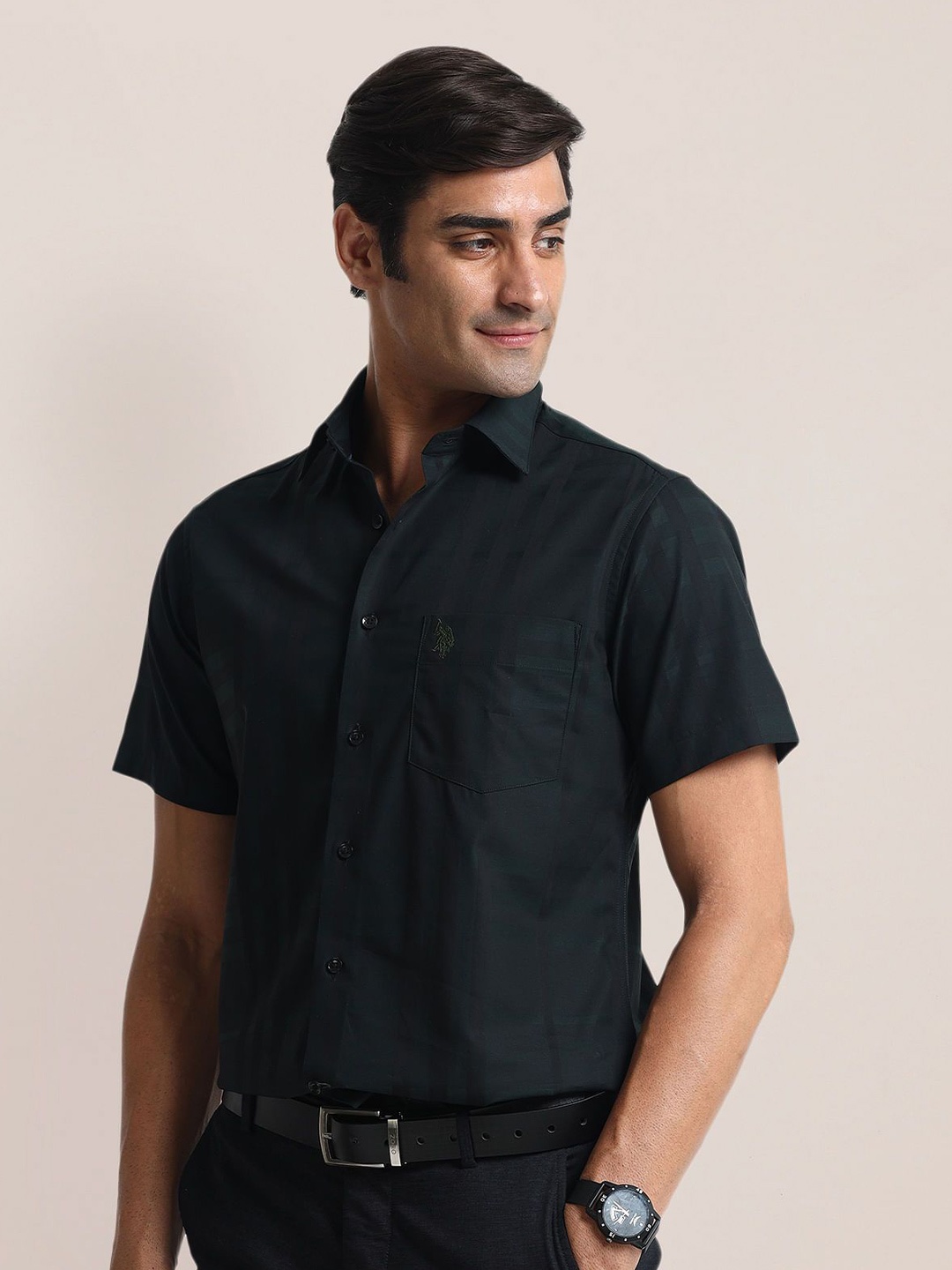 

U.S. Polo Assn. Men Classic Cutaway Collar Checked Cotton Casual Shirt, Green