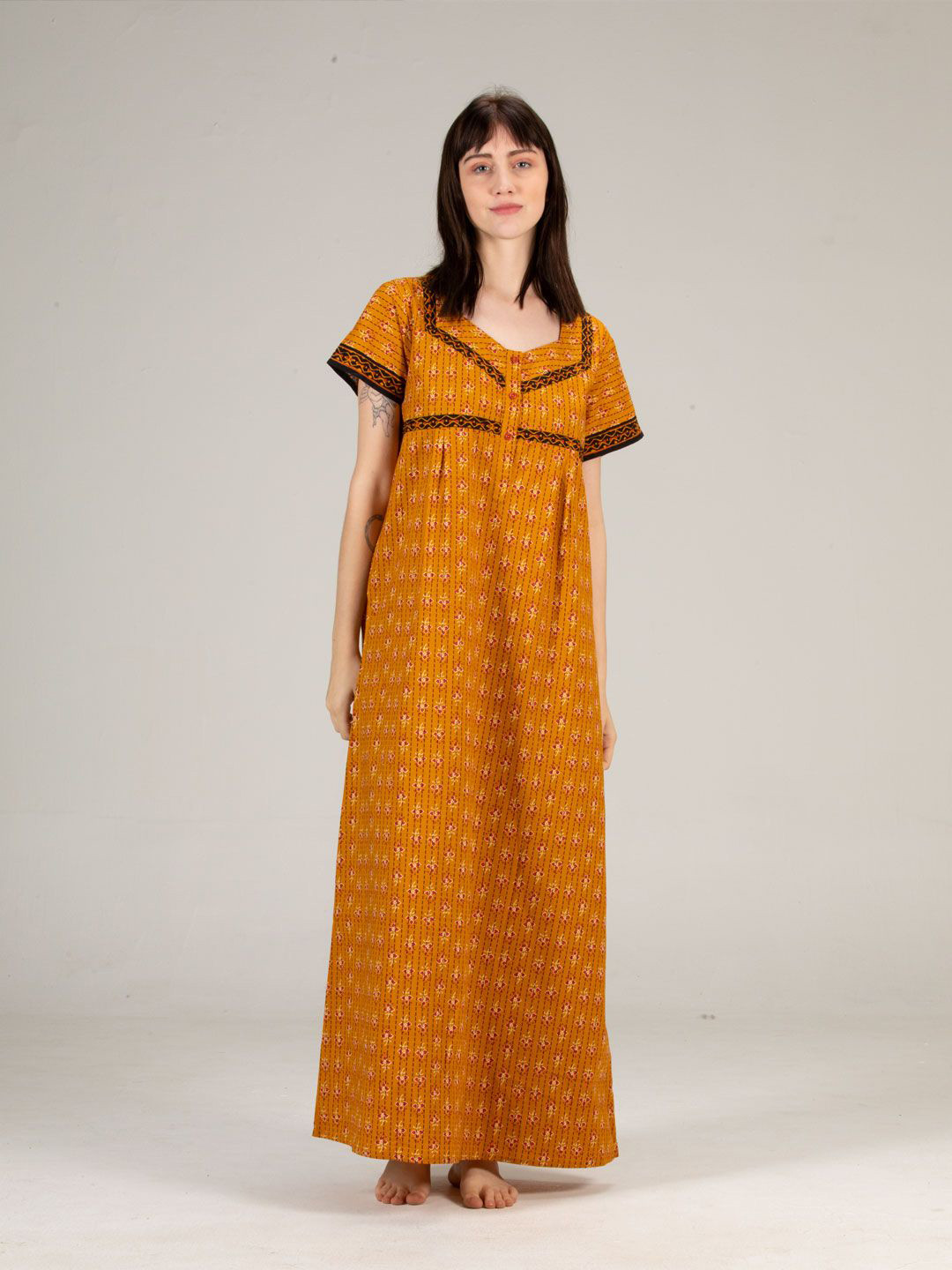 

evolove Floral Printed Pure Cotton Maxi Nightdress, Mustard