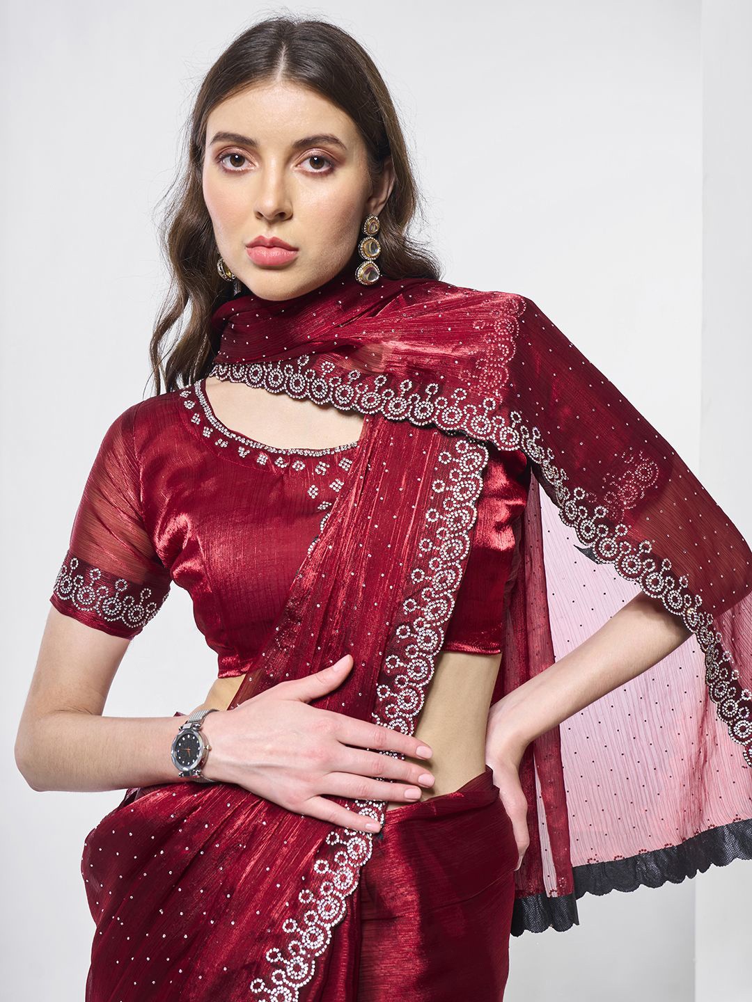 

Mitera Embellished Beads and Stones Organza Saree, Maroon