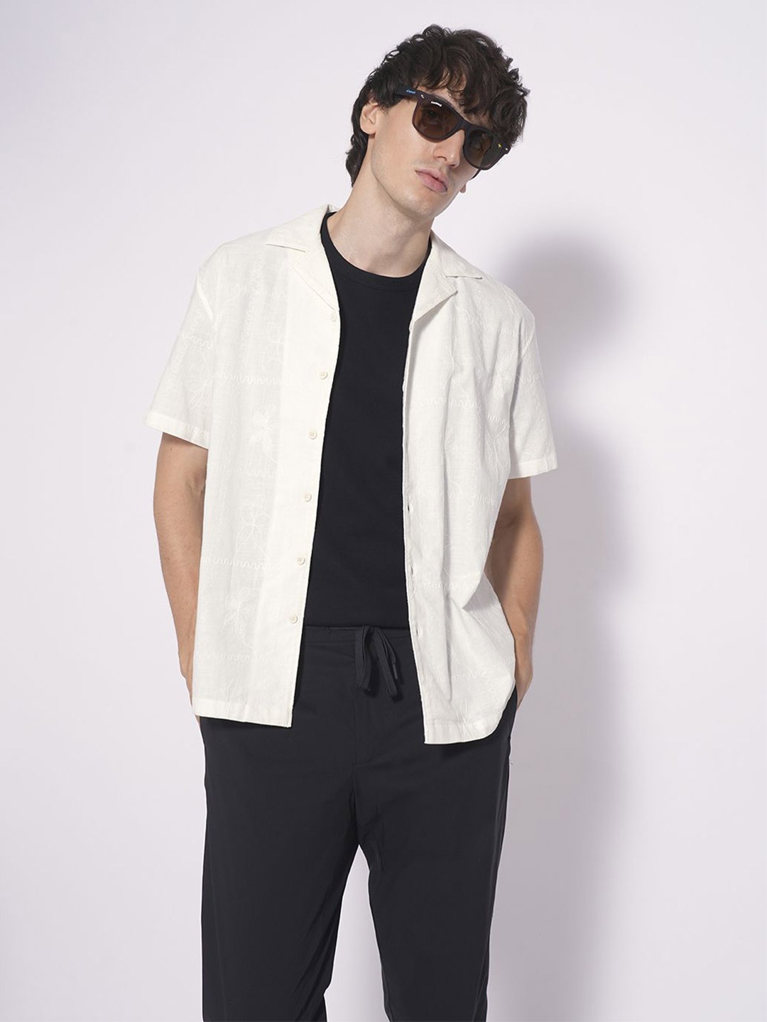

SELECTED Men Cuban Collar Textured Cotton Casual Shirt, White
