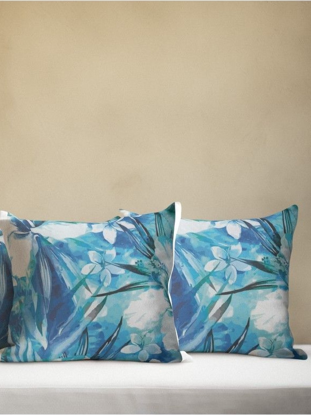 

THEYAYACAFE Blue & White 3 Pieces Floral Printed Velvet Square Cushion Covers