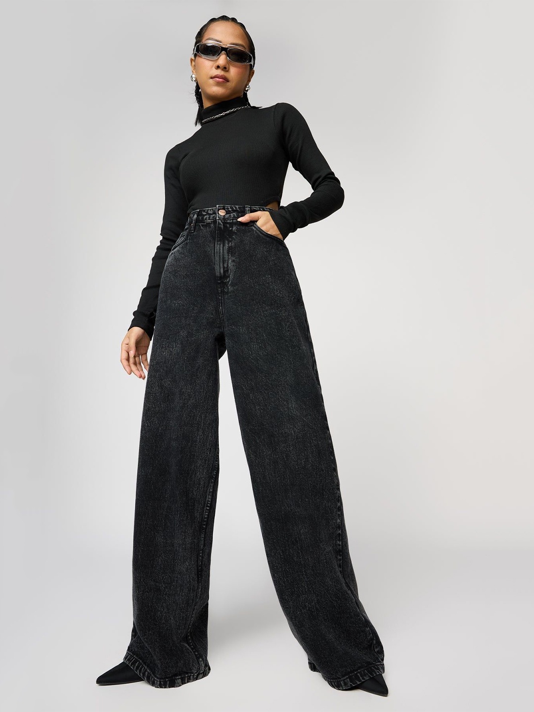 

FREAKINS Women Cotton Flared High-Rise Light Fade Jeans, Black
