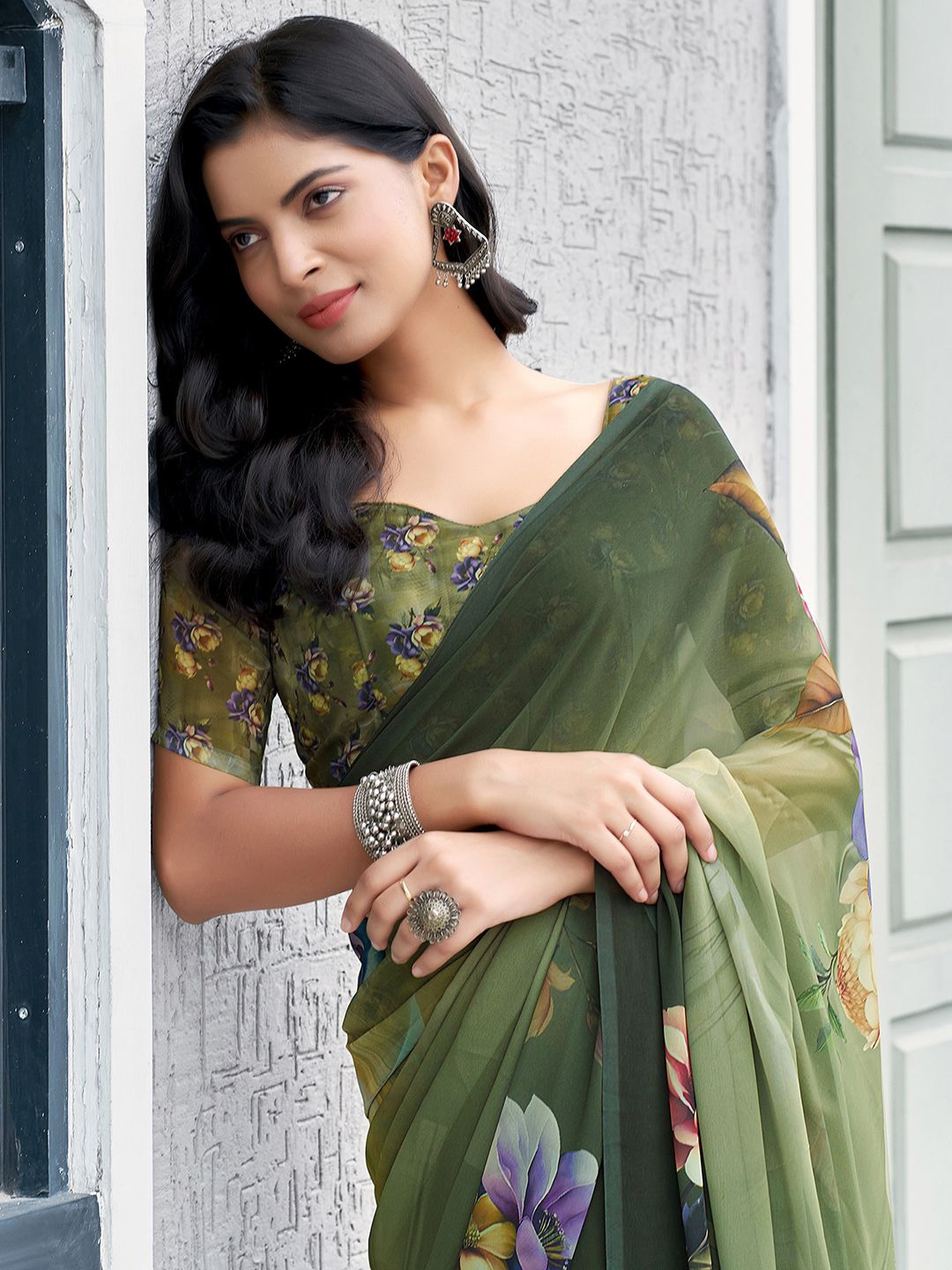 

Mitera Floral Printed Pure Georgette Muga Saree, Green