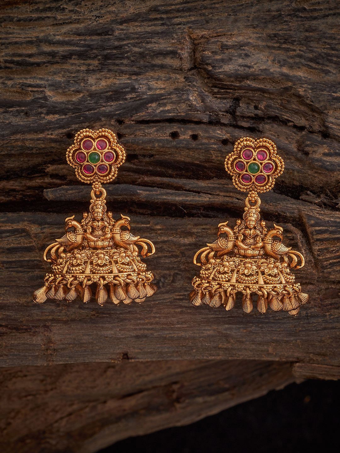 

Kushal's Fashion Jewellery Gold-Plated Stone Studded Dome Shaped Antique Jhumkas, Red