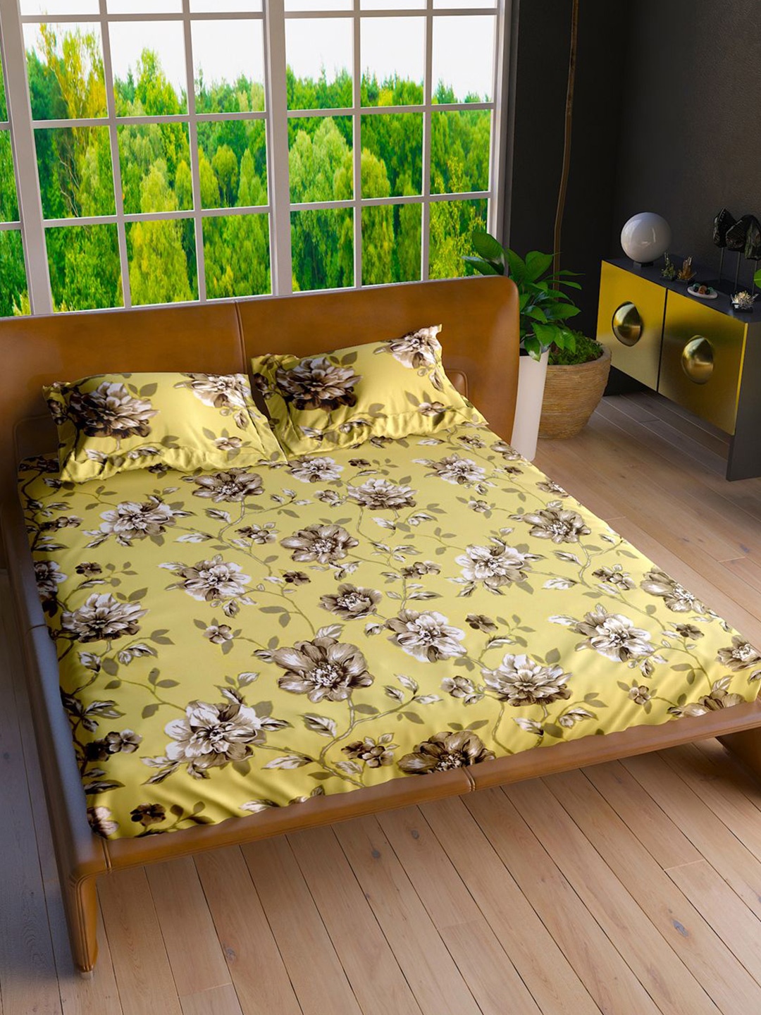 

LABHAM Yellow & White Floral Printed 160 TC Pure Cotton King Bedsheet With 2 Pillow Covers