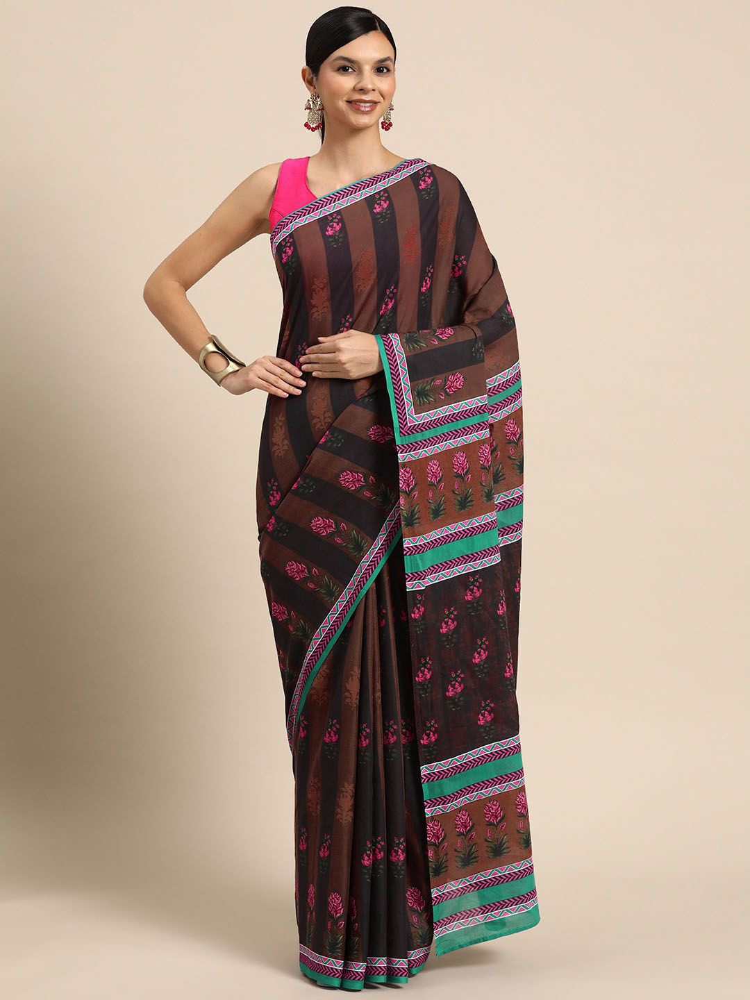 

BUTA BUTI Floral Pure Cotton Saree, Rust