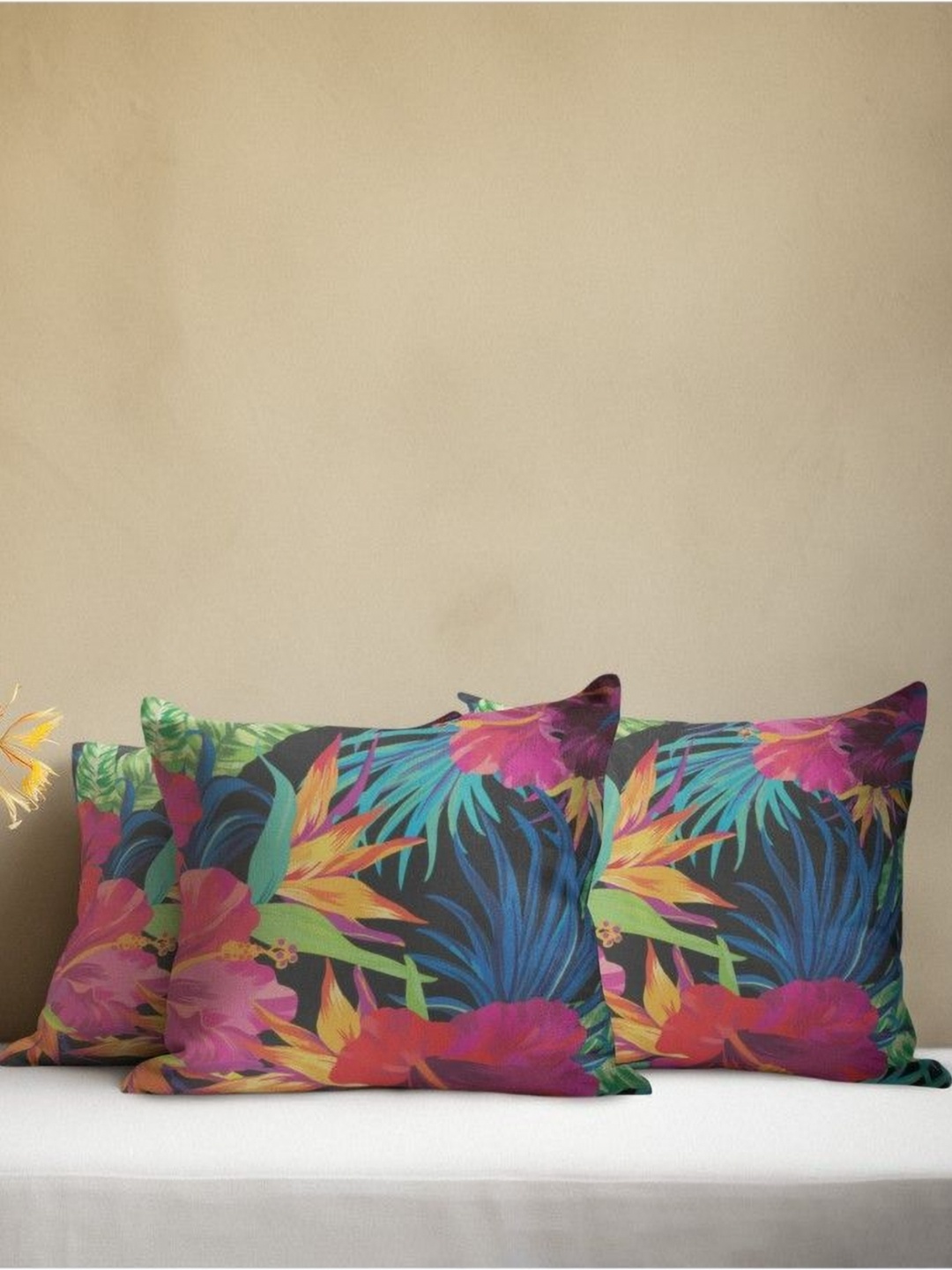 

THEYAYACAFE Black & Yellow 3 Pieces Floral Printed Velvet Square Cushion Covers