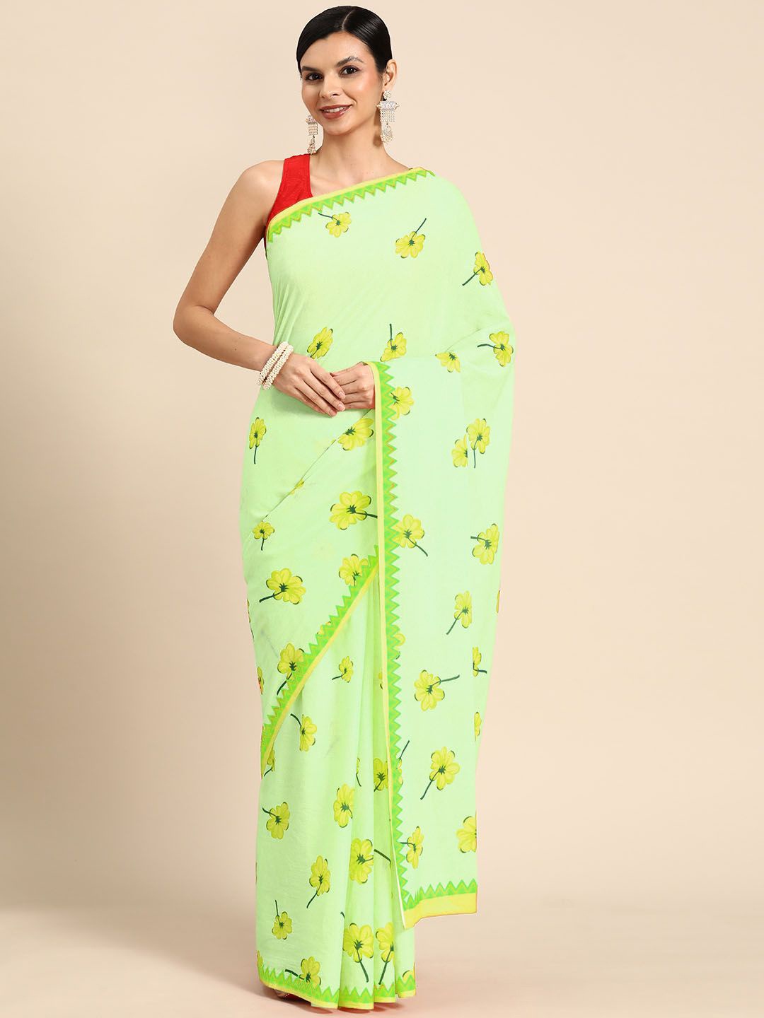 

BUTA BUTI Floral Pure Cotton Saree, Green