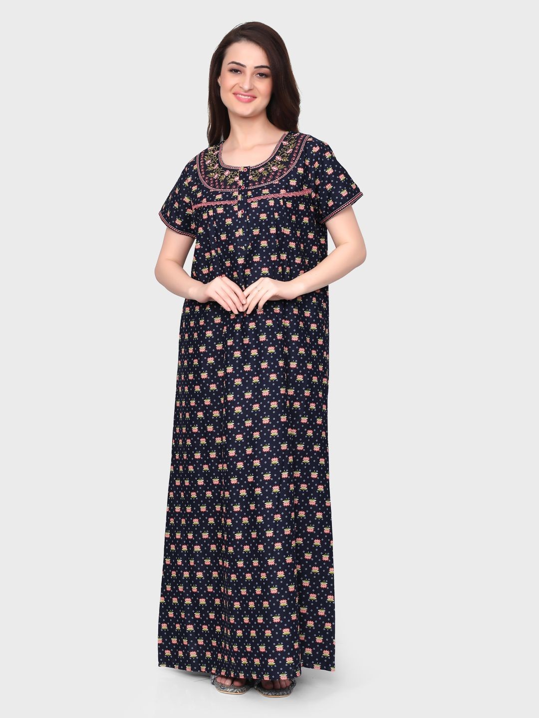 

evolove Printed Short Sleeves Maxi Nightdress, Navy blue