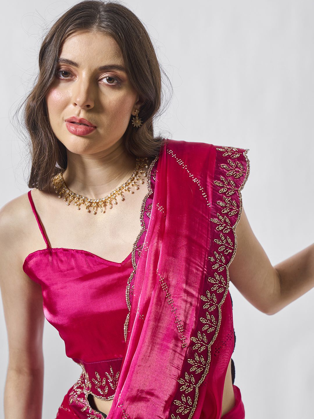 

Kalista Embellished Beads and Stones Satin Saree, Magenta