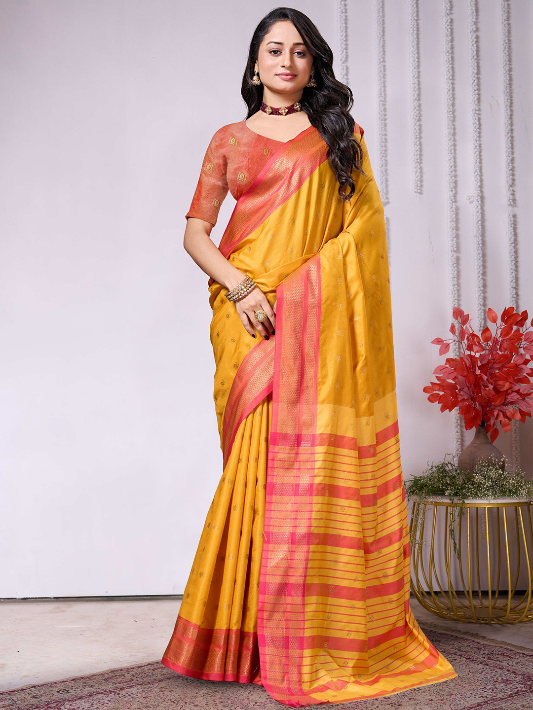 

V3 FASHION STUDIO Ethnic Motifs Zari Art Silk Banarasi Saree, Yellow