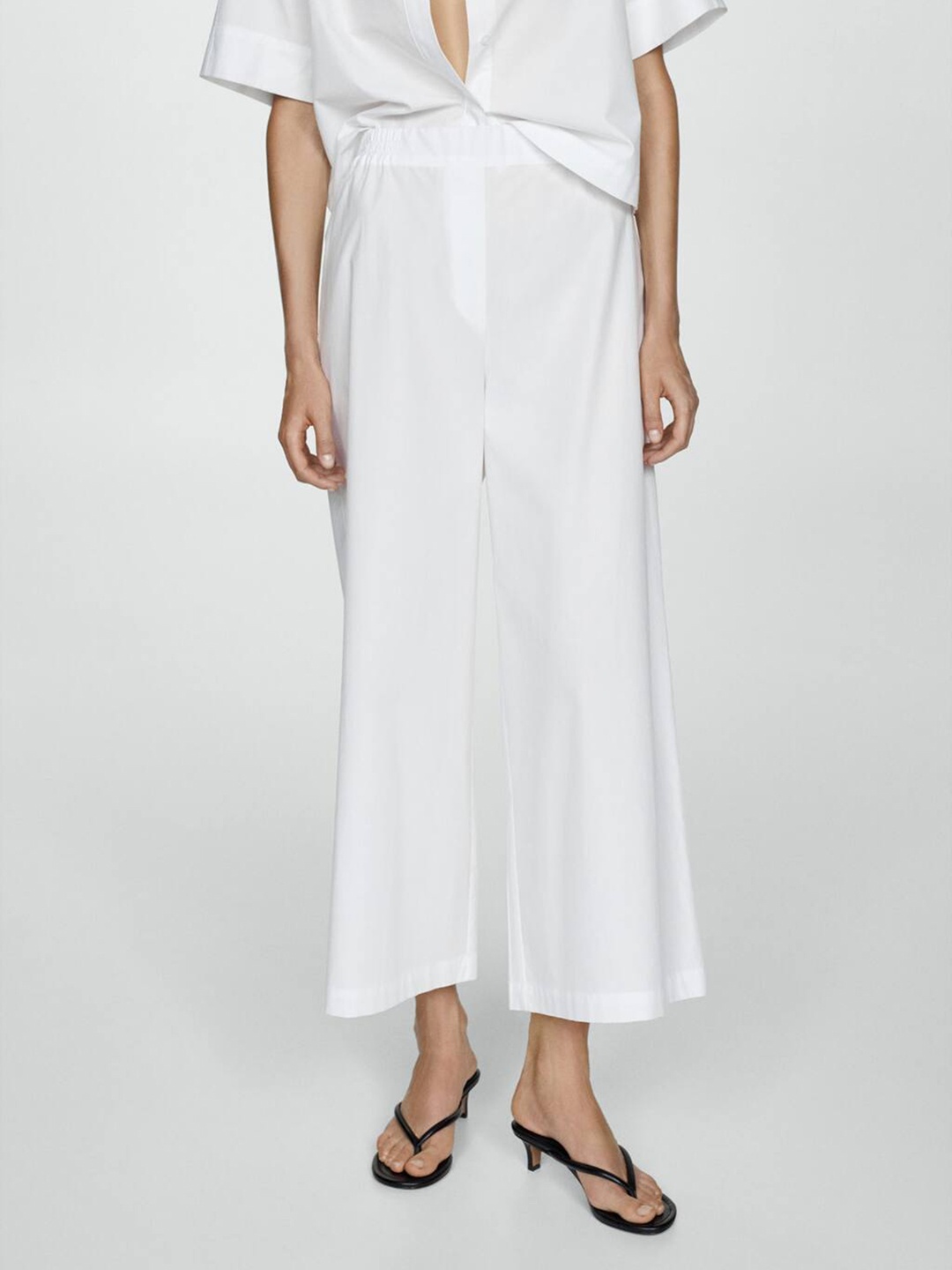 

MANGO Women Wide Leg Pure Cotton Cropped Trousers, White