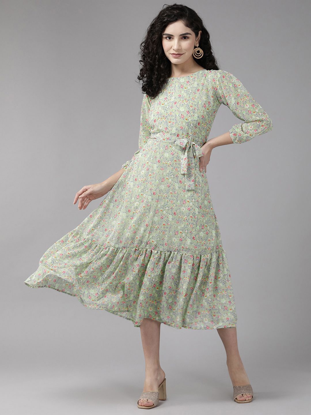 

BAESD Floral Printed Puff Sleeve Georgette A-Line Midi Dress, Green