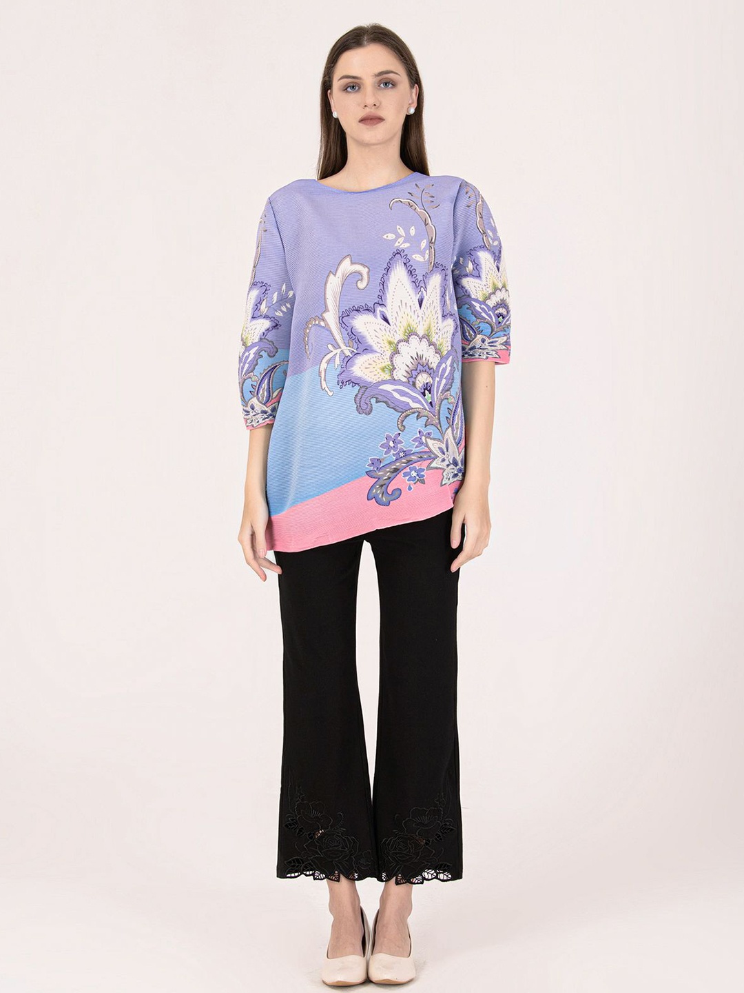 

Albion By CnM Women Graphic Printed Round Neck Cotton Top, Purple