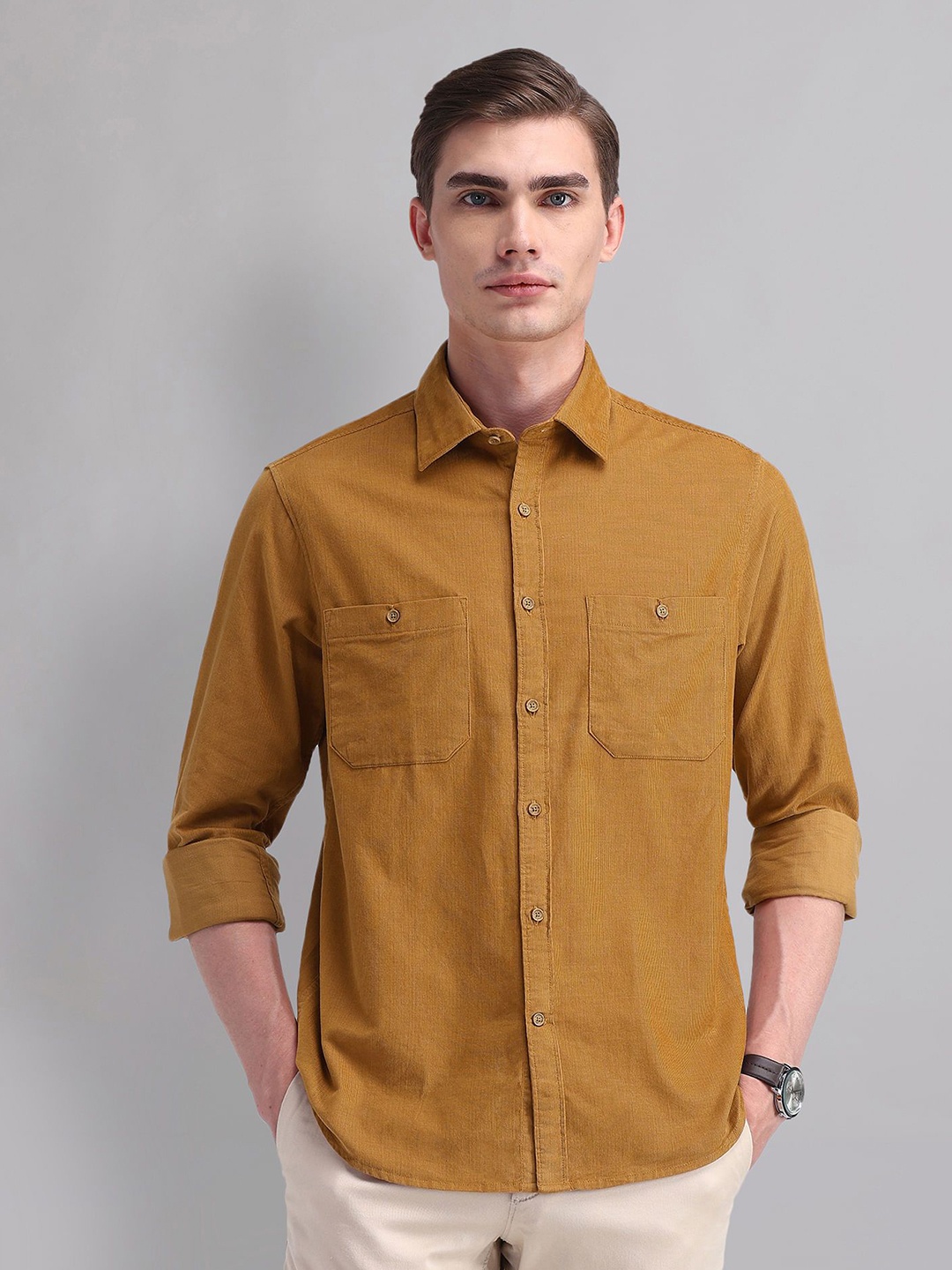 

AD By Arvind Men Spread Collar Solid Cotton Slim Fit Casual Shirt, Brown