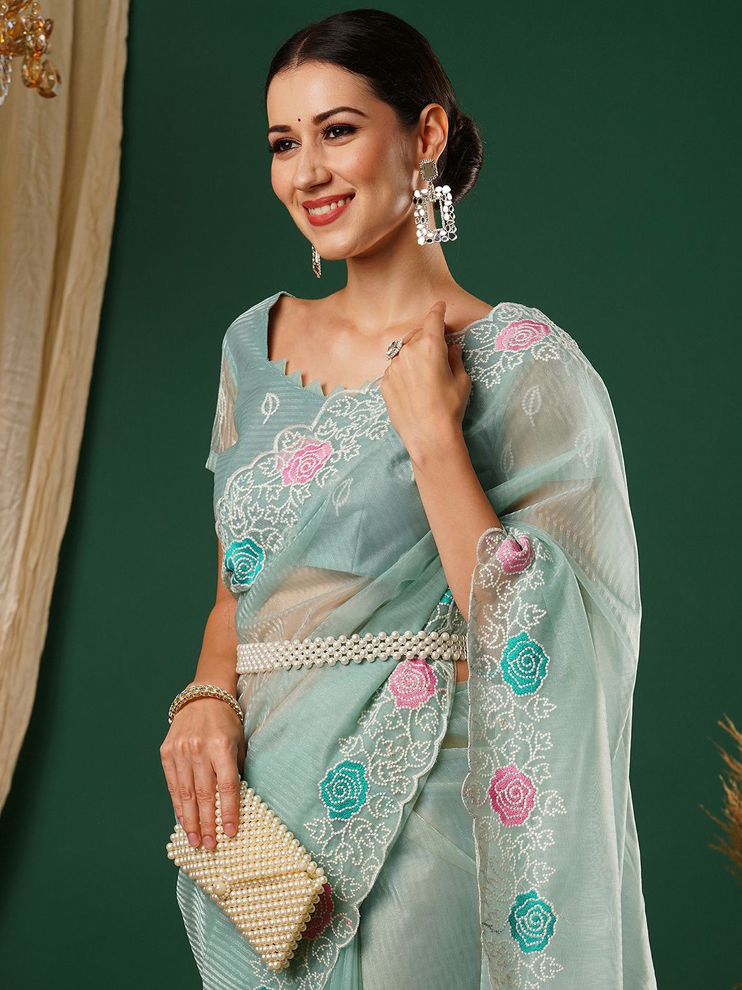 

Satrani Floral Embroidered Net Saree, Blue