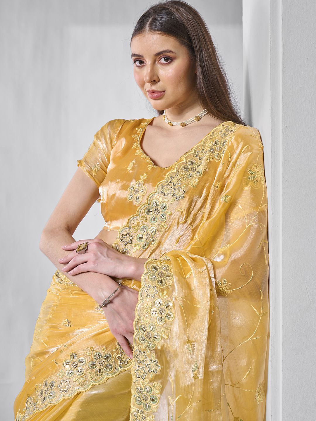 

Kalista Floral Embroidered Organza Saree, Yellow