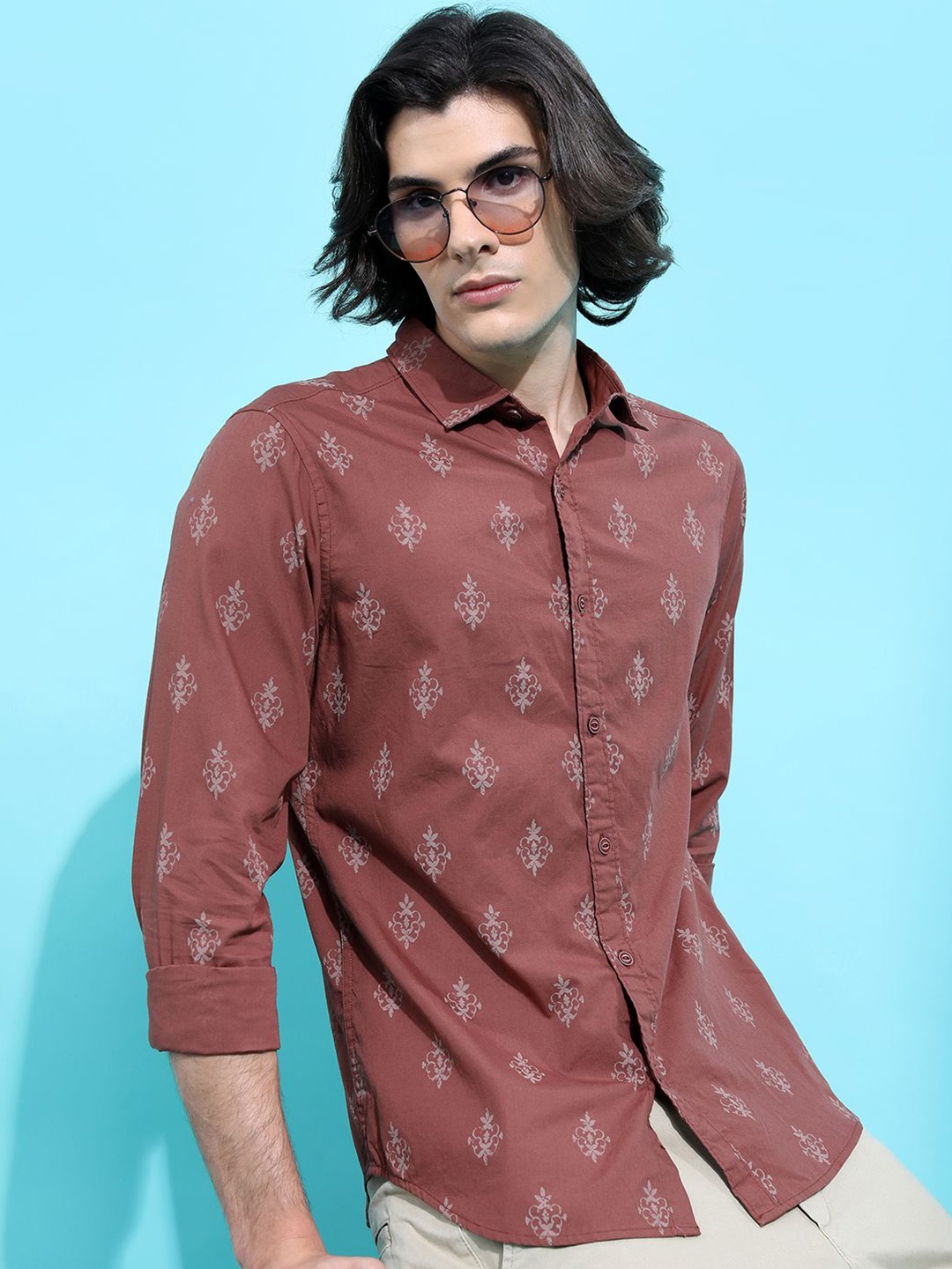 

HIGHLANDER Men Printed Slim Fit Casual Shirt, Brown