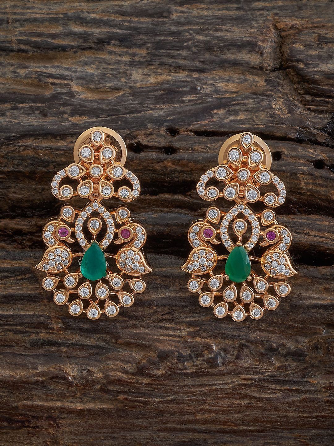 

Kushal's Fashion Jewellery Gold-Plated CZ Studded Peacock Shaped Drop Earrings