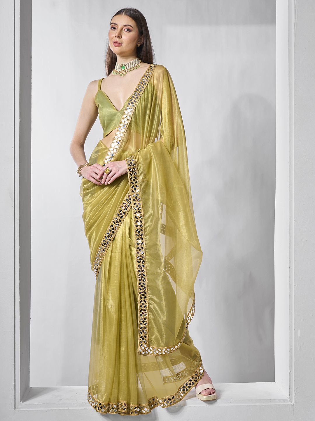 

Mitera Mirror Work Organza Saree, Green