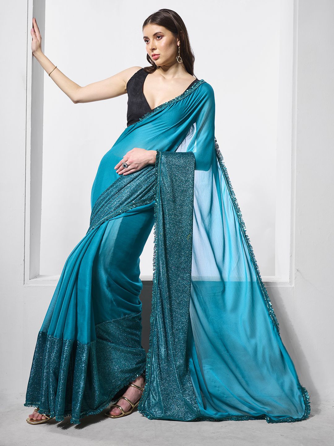 

Kalista Embellished Sequinned Designer Saree, Teal