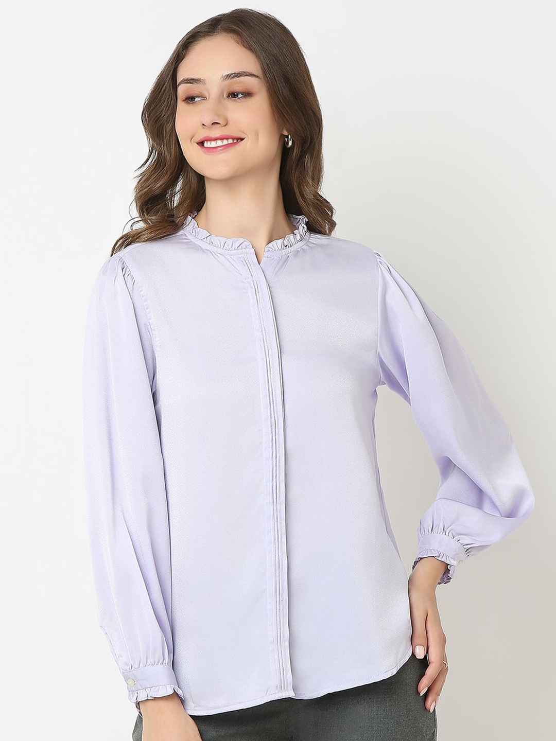 

NOT SO PINK Women New Mandarin Collar Solid Casual Shirt, Lavender