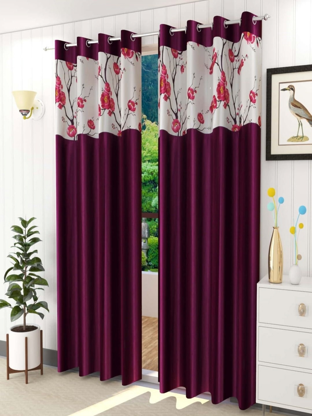 

AADI TRADERS Burgundy & White 2 Pieces Floral Printed Window Curtain